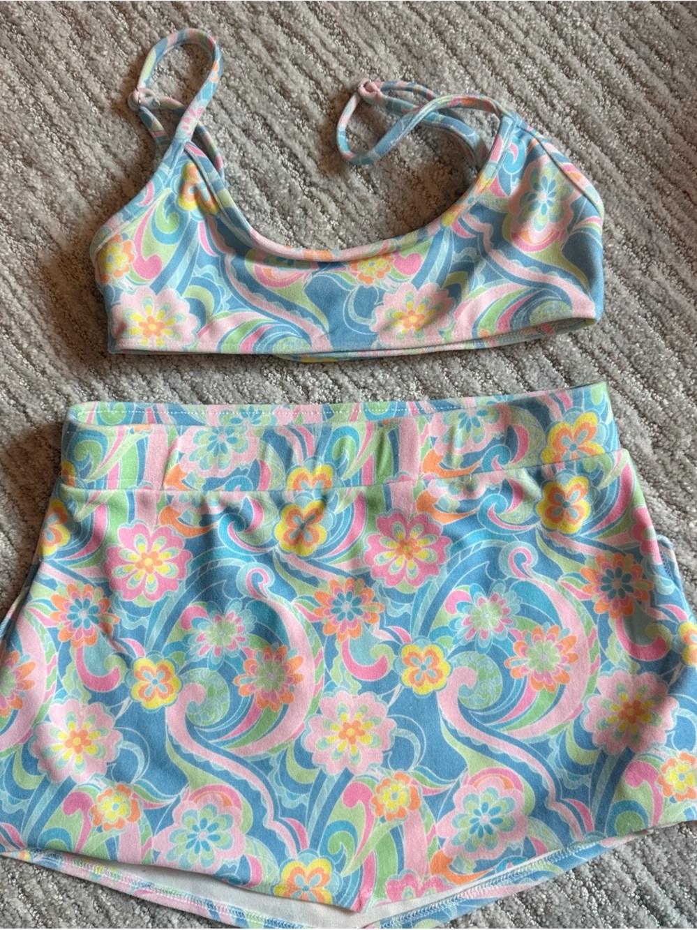 Frankie's Bikinis Pastel Floral Blue Pink Green Two-Piece Swim Set (top & skirt)